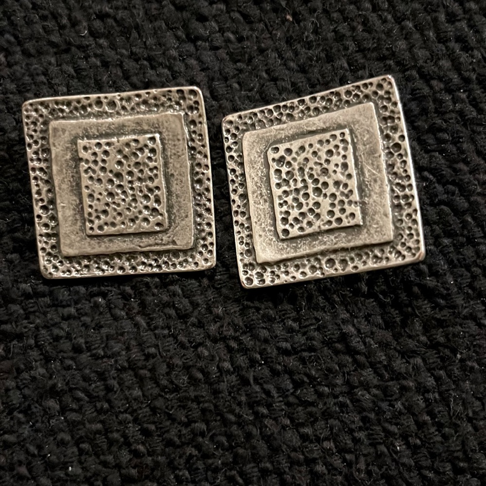 Clip on Silver Tone Square Textured Earrings